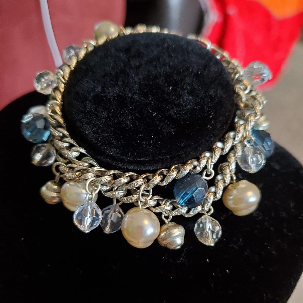 7" Silver Tone Beaded Dangles Layered Bracelet